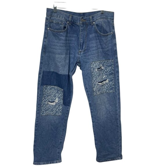 FUBU 05 Forever 21 Patch Jeans Men’s 32 Blue Denim Distressed Logo Y2K Retro - Picture 1 of 10
